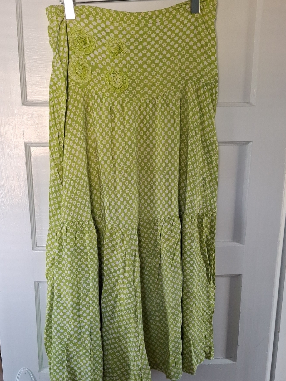 Lime Green Floral Maxi Skirt with Rosette Accent - Women's Maxi Skirt